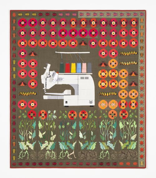 丹尼尔·杜瓦 & 格雷戈里·吉奎尔，Embroidered quilt with opium poppy flowers, cinnabar caterpillars, cinnabar moths, embroidery machine, seven-spot ladybirds and striped shield bugs，2023