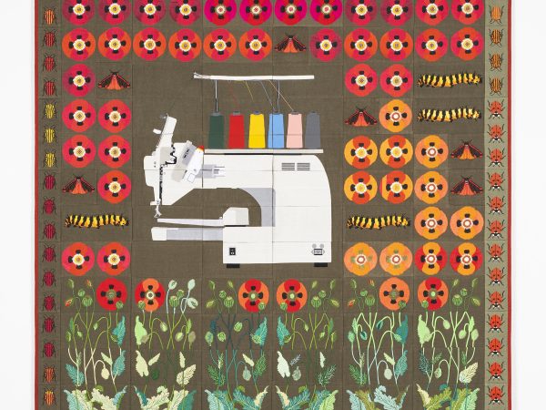 丹尼尔·杜瓦 & 格雷戈里·吉奎尔，Embroidered quilt with opium poppy flowers, cinnabar caterpillars, cinnabar moths, embroidery machine, seven-spot ladybirds and striped shield bugs，2023
